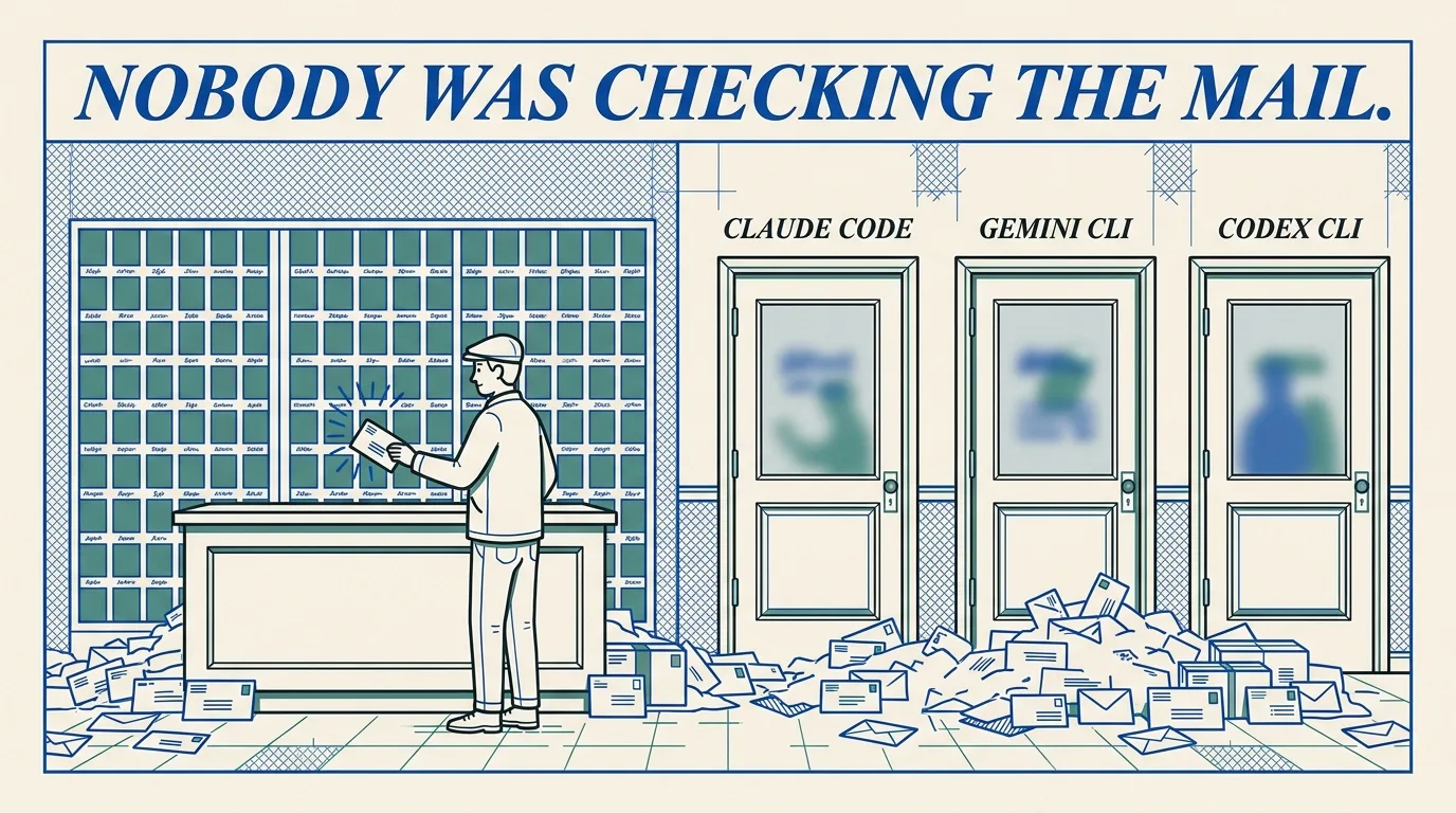 A harbor mailroom where agent messages pile up unread.
