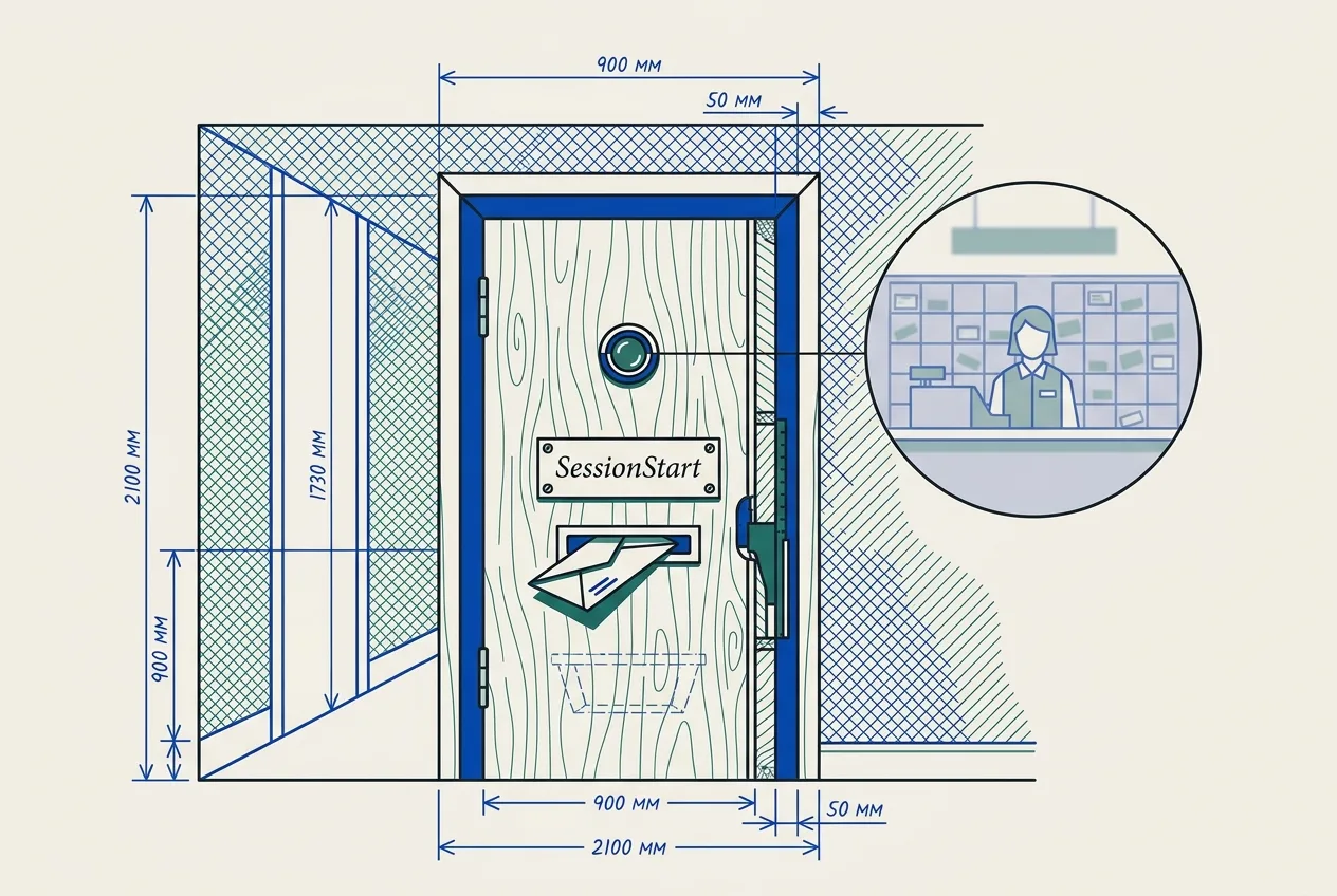 A flat blueprint cutaway of a door with architectural dimension lines and a brass peephole at eye level. A freshly-installed plaque reads "SessionStart," and an envelope slides through a slot beneath it. An inset peephole view shows the post office mailroom — the clerk and the wall of pigeonholes — on the other side.