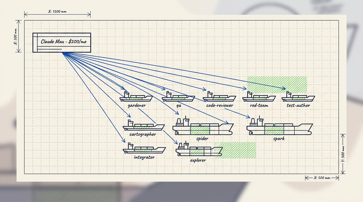 A single AI subscription badge fanning into many ship-shaped agents.
