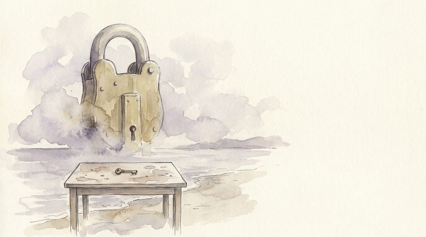 A colossal brass padlock dissolving into cloud above a tiny key on a wooden table at the water\u2019s edge; faded watercolour.