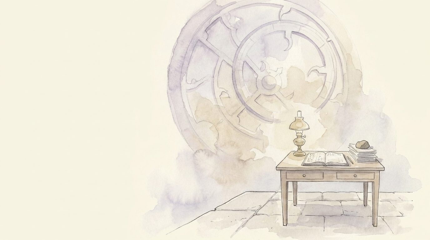A faded watercolour: an enormous pale astrolabe dissolving into fog above a small writing desk on a quay, an open ledger and a lamp on the desk.