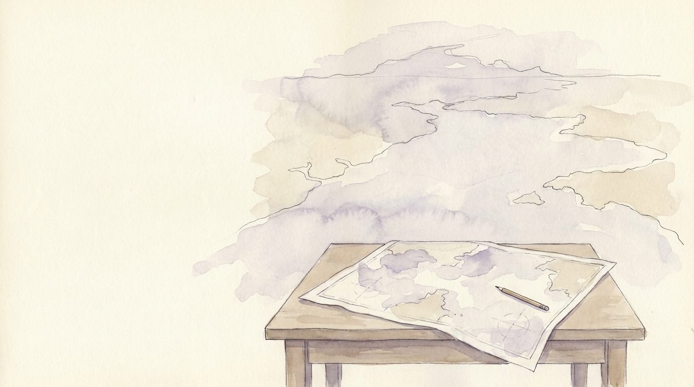 An unfinished sea chart on a desk with a pencil across it, most of the sheet blank, a colossal unpainted coastline suggested above; faded watercolour.