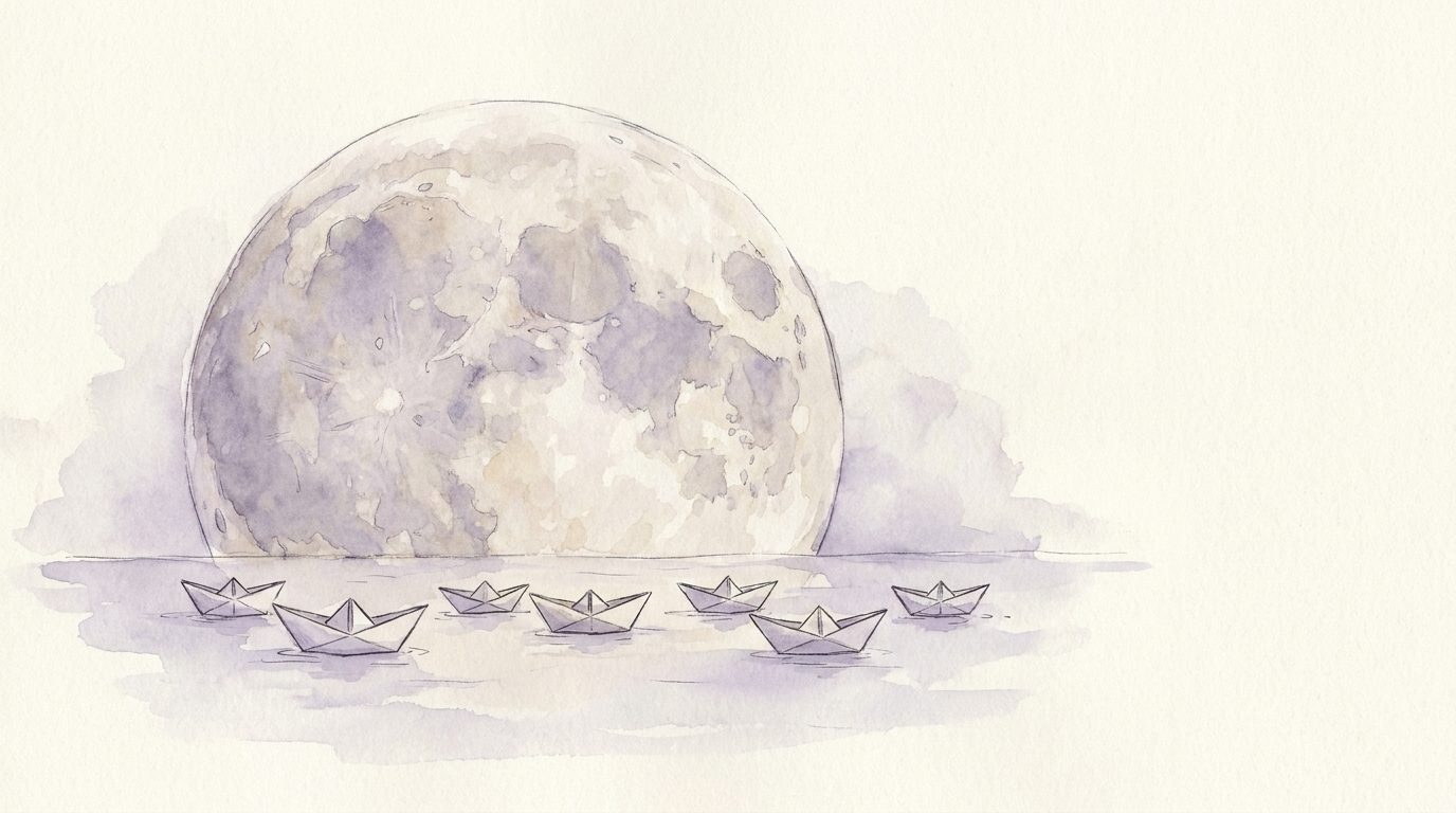 Seven small folded-paper boats in a loose line on still grey water, a vast faint moon behind them; faded watercolour.