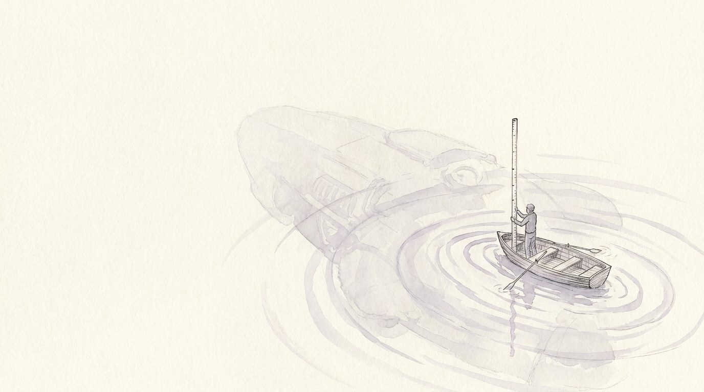 One small rowboat holding a measuring pole upright in a vast pale harbour, ripples spreading, an immense faint shape beneath the water; faded watercolour.
