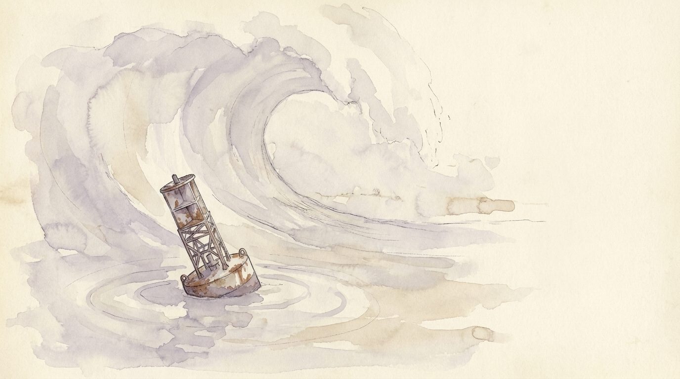 A single tilted channel buoy adrift with faint circles of old wake, a great pale wave frozen above it; faded watercolour.