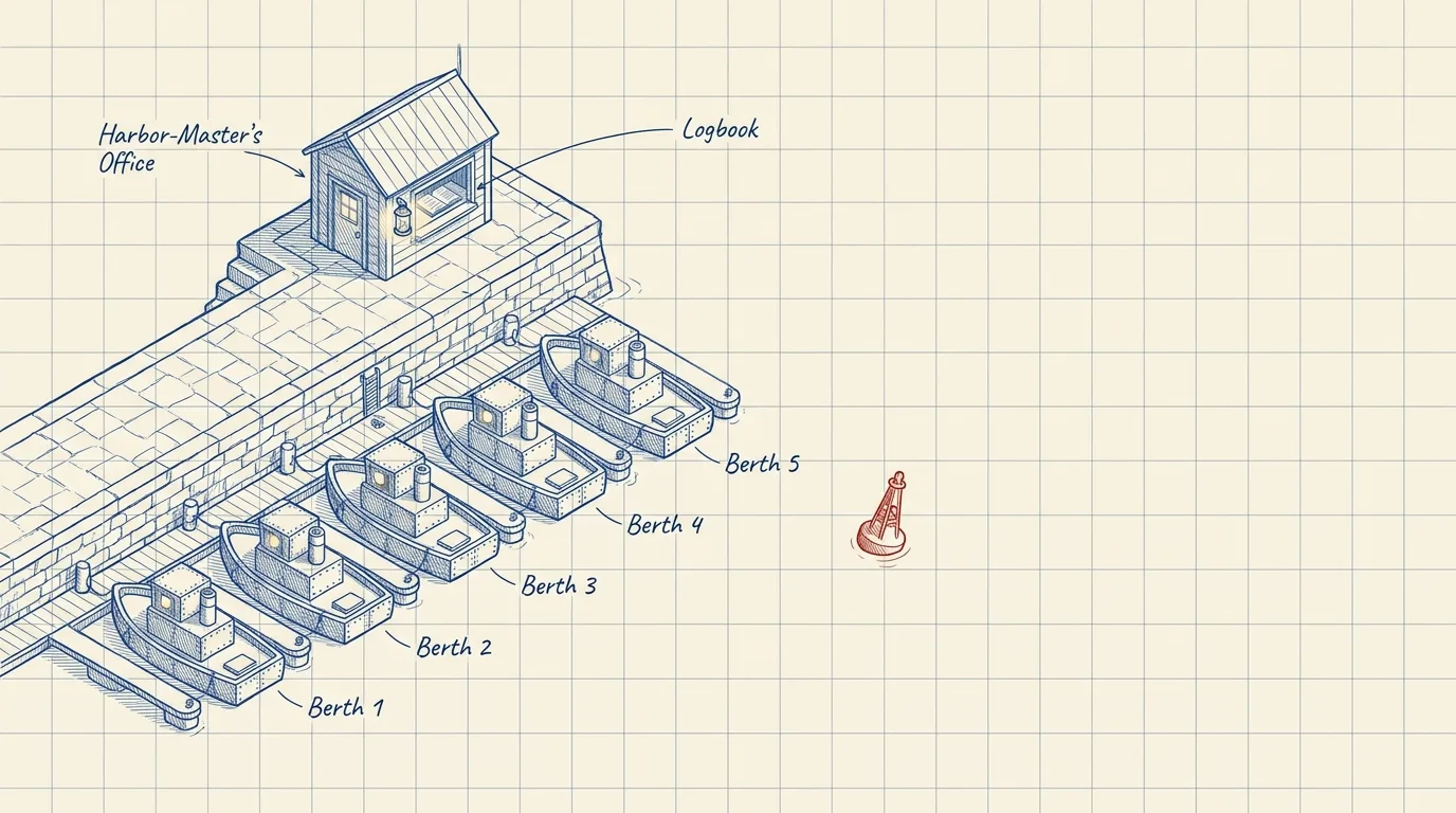 A working harbor where agents dock, coordinate, and ship.